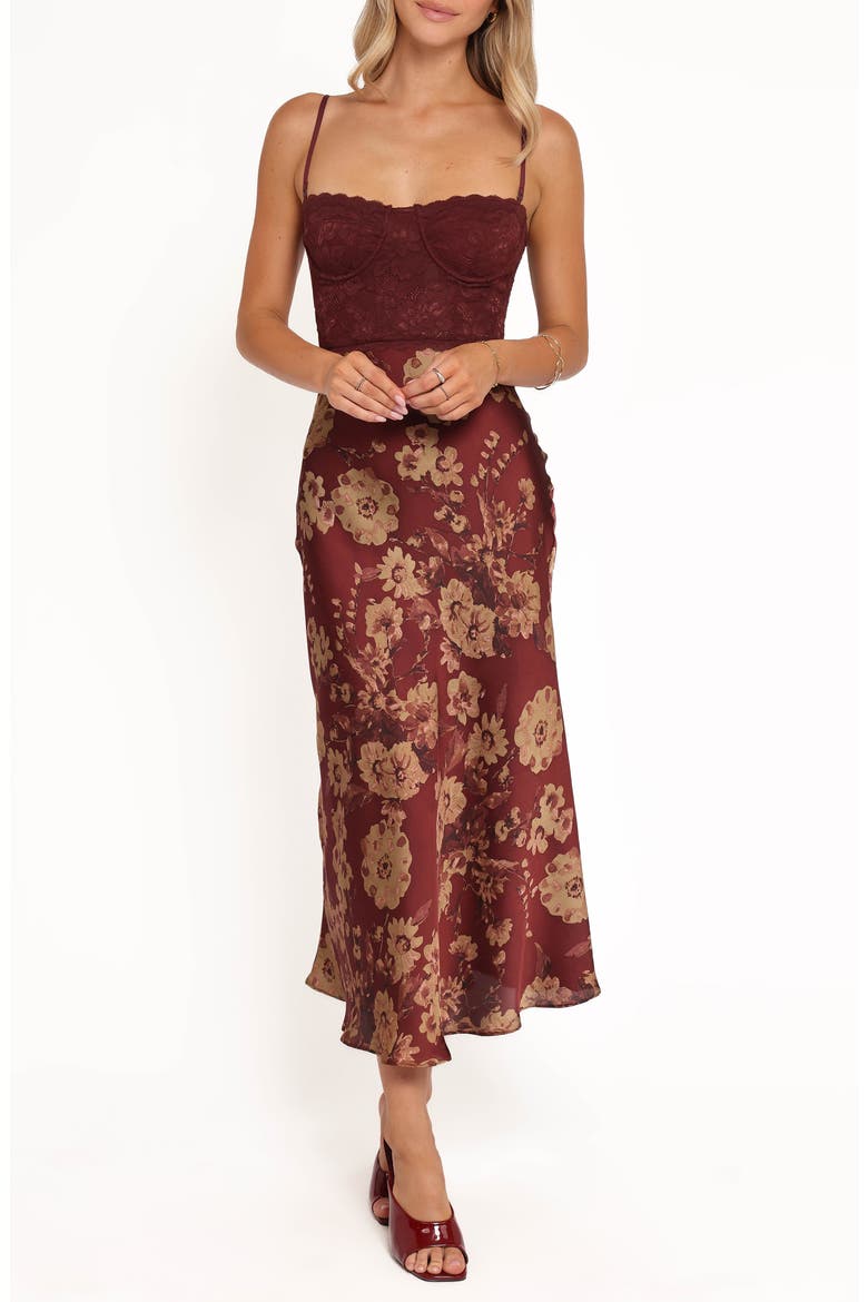 Shakira Mixed Media Floral Midi Dress, Main, color, BRONZED MERLOT