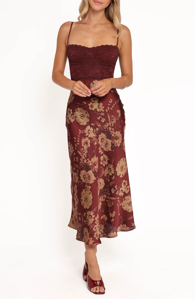 Petal & Pup Shakira Mixed Media Floral Midi Dress, Main, color, Bronzed Merlot