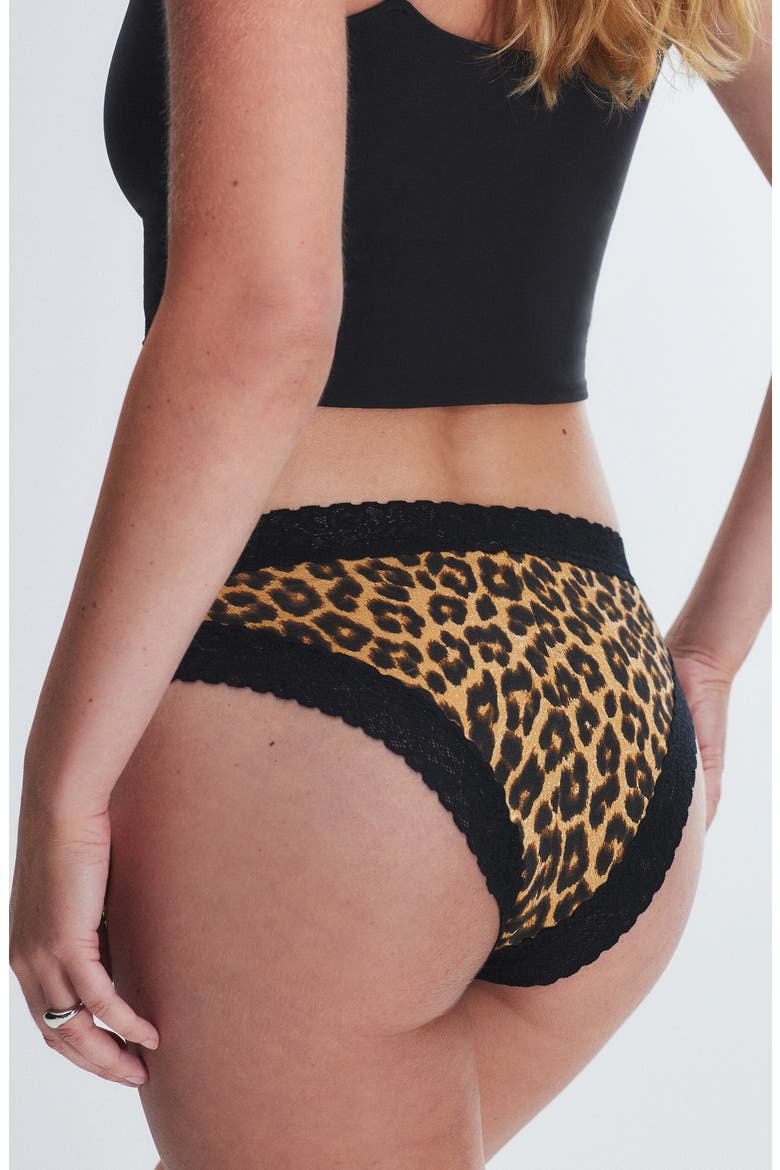 Essentials Lace Trim Stretch Cotton Cheeky Briefs, Alternate, color, SUGA BEIGE ON THE PROWL PRINT