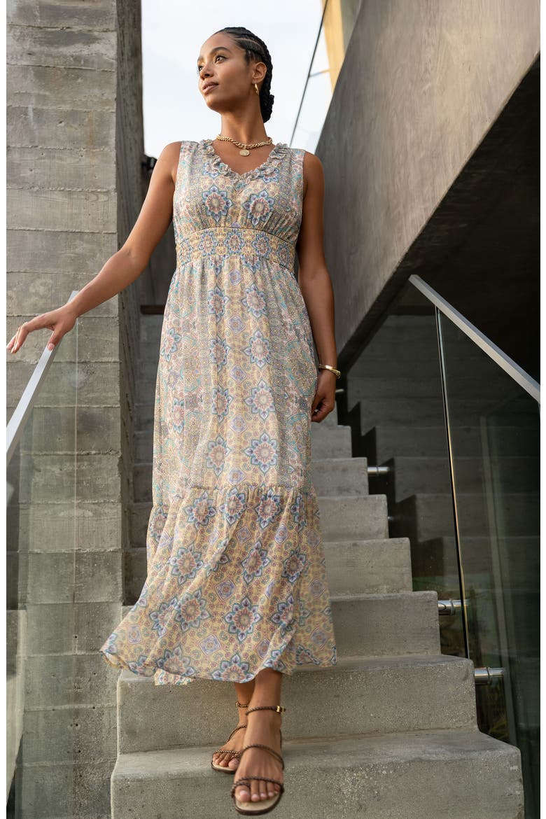 Floral Paisley Smock Waist Maxi Dress, Alternate, color, CITRON MULTI