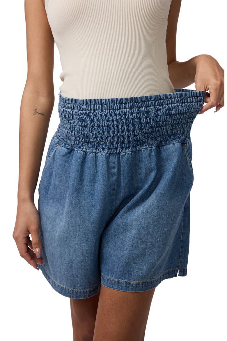 Smocked Waist Denim Maternity Short, Alternate, color, Medium Wash