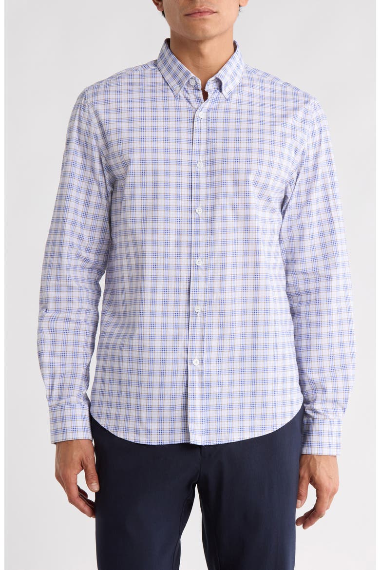 Gingham Print Performance Button-Down Shirt, Main, color, WHITE