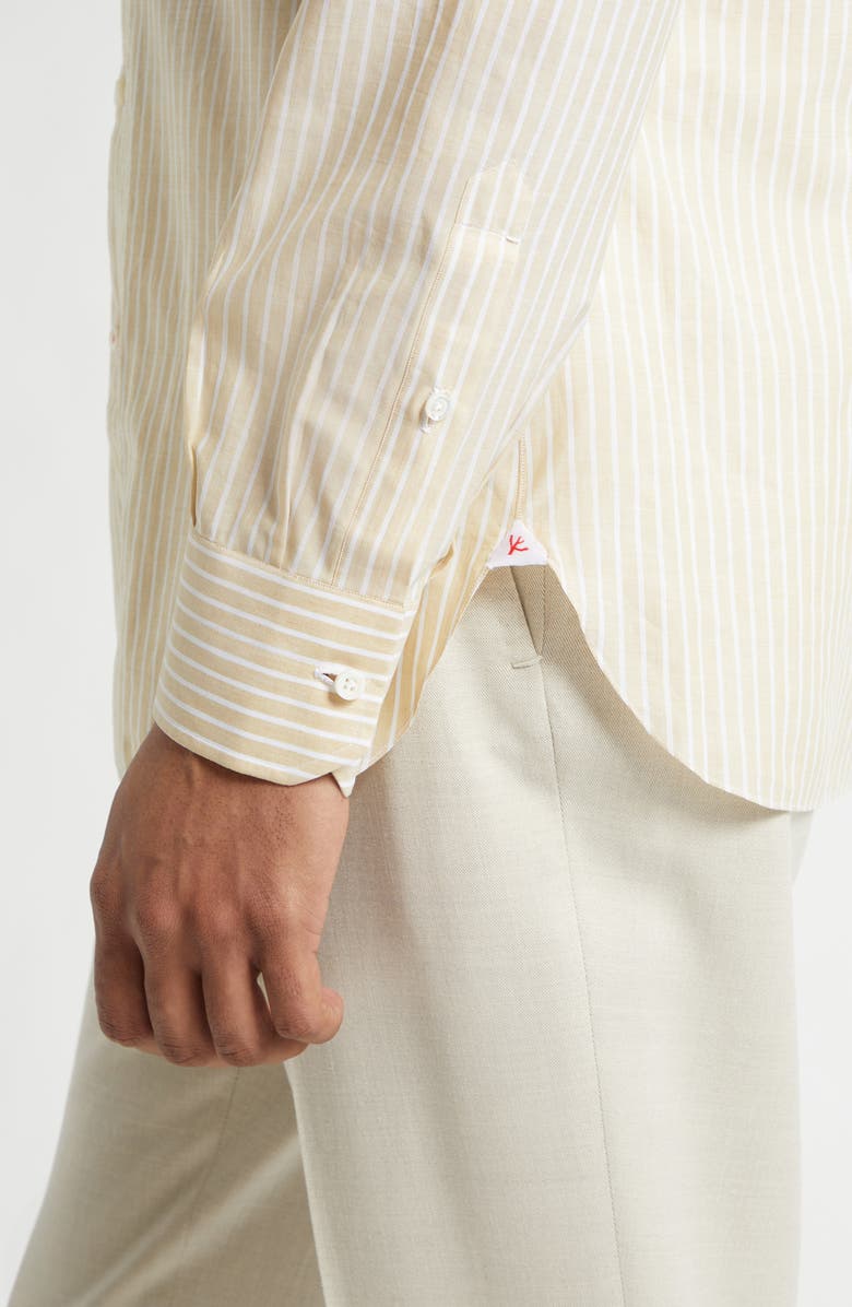 ISAIA Stripe Cotton & Linen Button-Up Shirt, Alternate, color, White/ Yellow