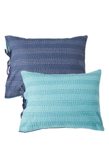 Melange Home Kantha Set Of 2 Reversible Cotton Shams In Navy And Teal