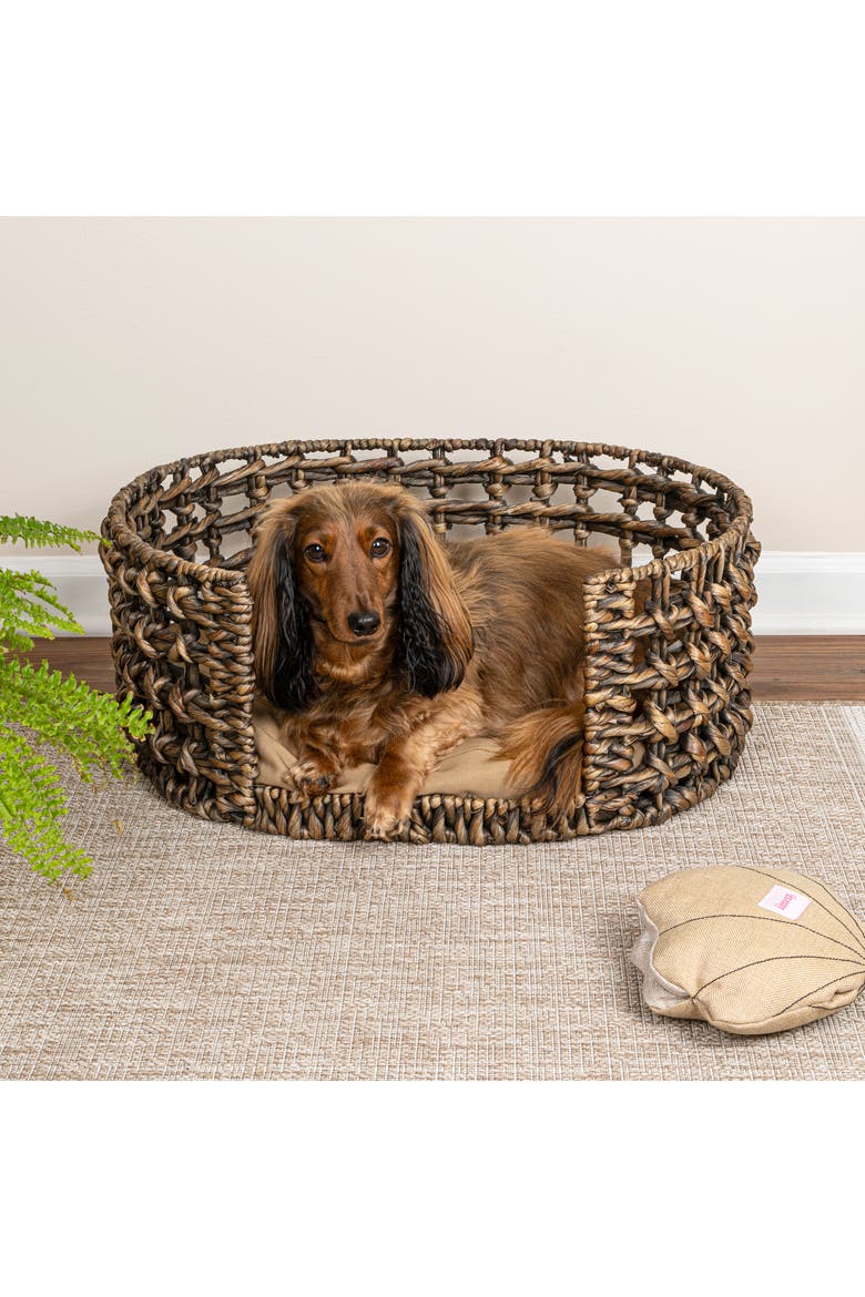 Gigi 24" x 18" Modern Handwoven Hyacinth Open-Weave Oval Pet Bed, Machine-Washable Cushion, Main, color, Brown