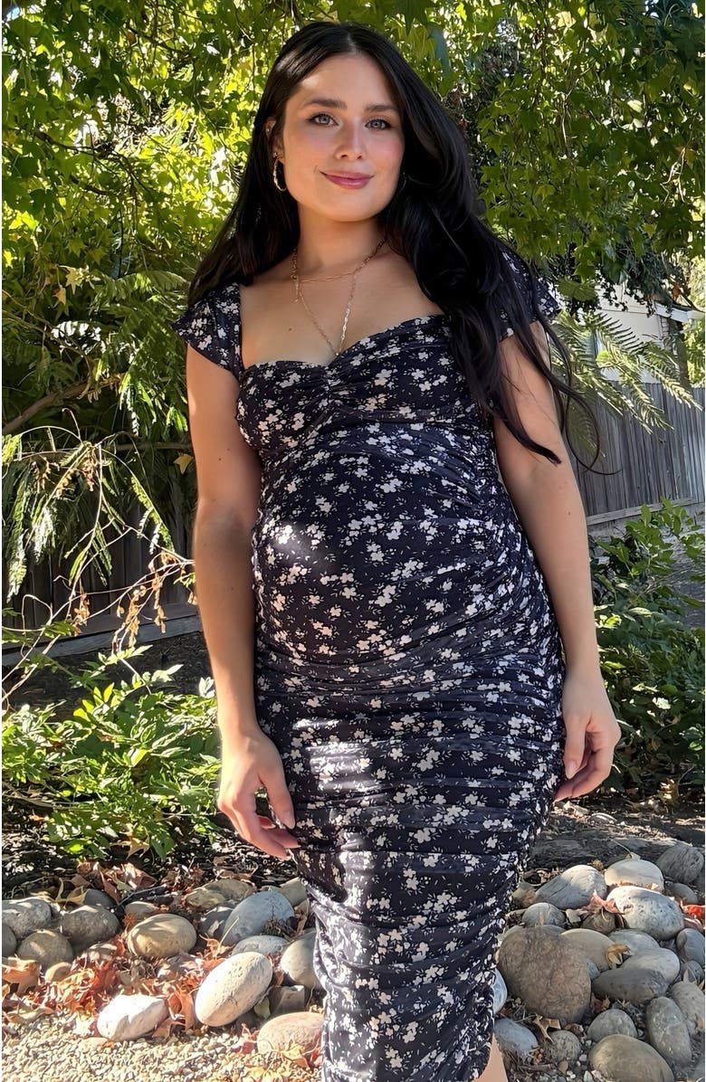 PinkBlush Printed Stretch Knit Ruched Dress, Alternate, color, Black