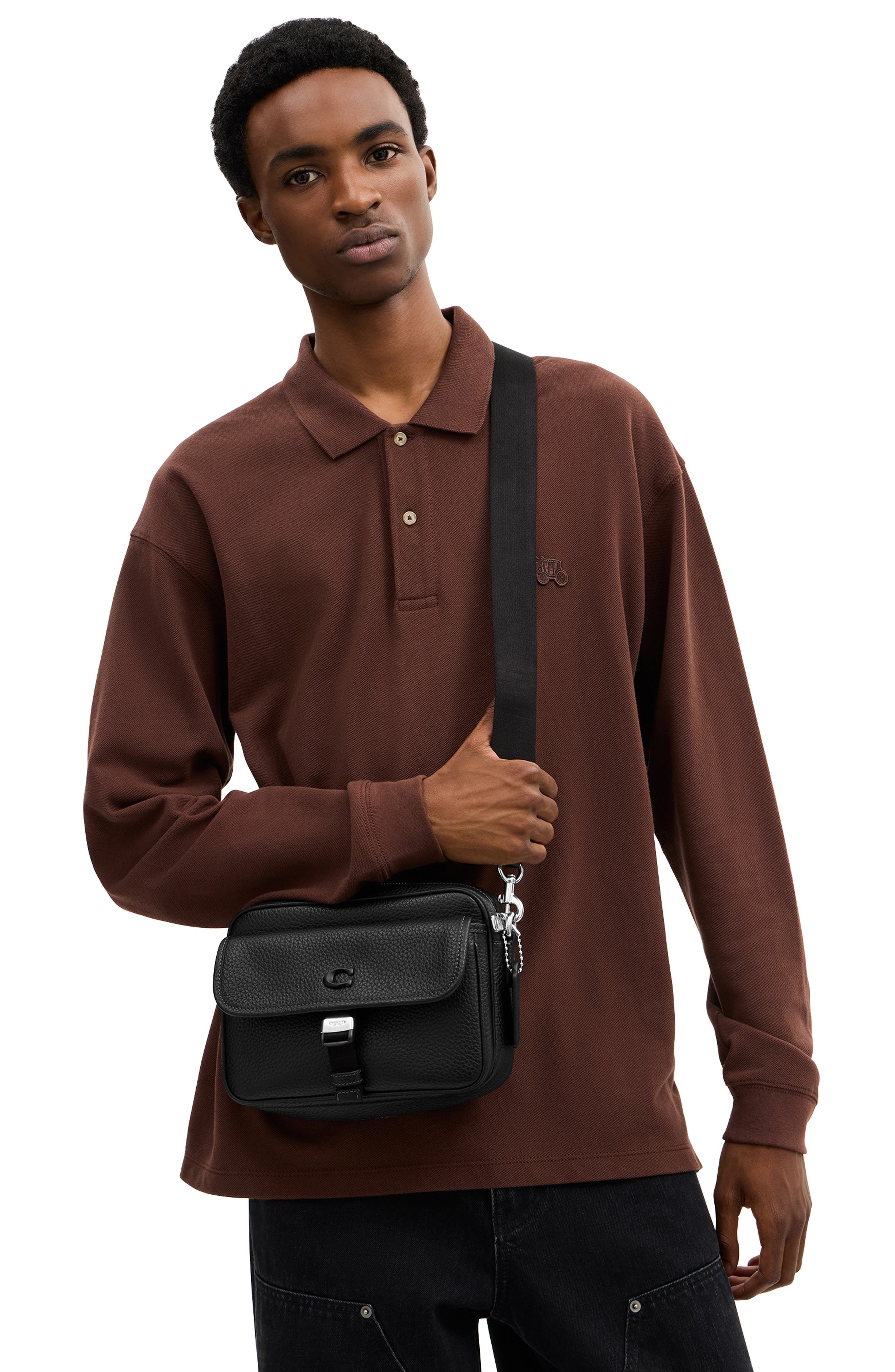 COACH Knox Pebbled Leather Camera Bag, Alternate, color, Black