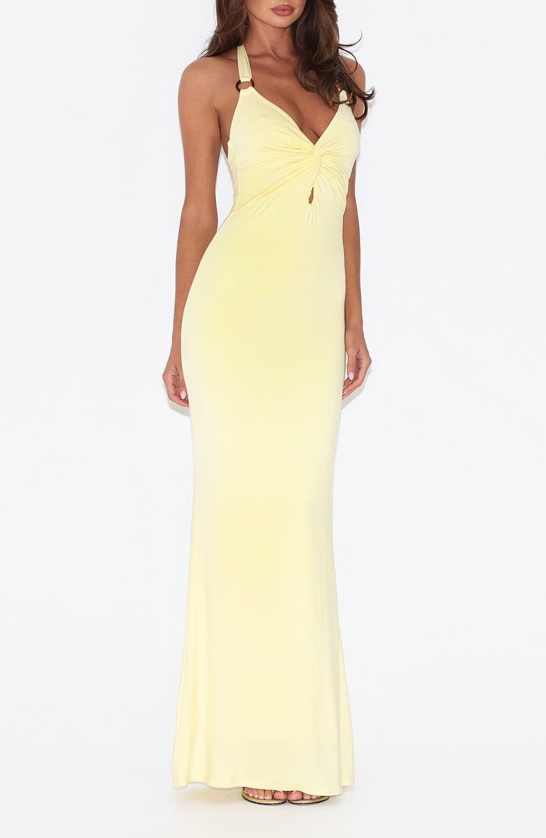 Tiger Mist Zeneva Twist Front Evening Dress, Main, color, Lemon