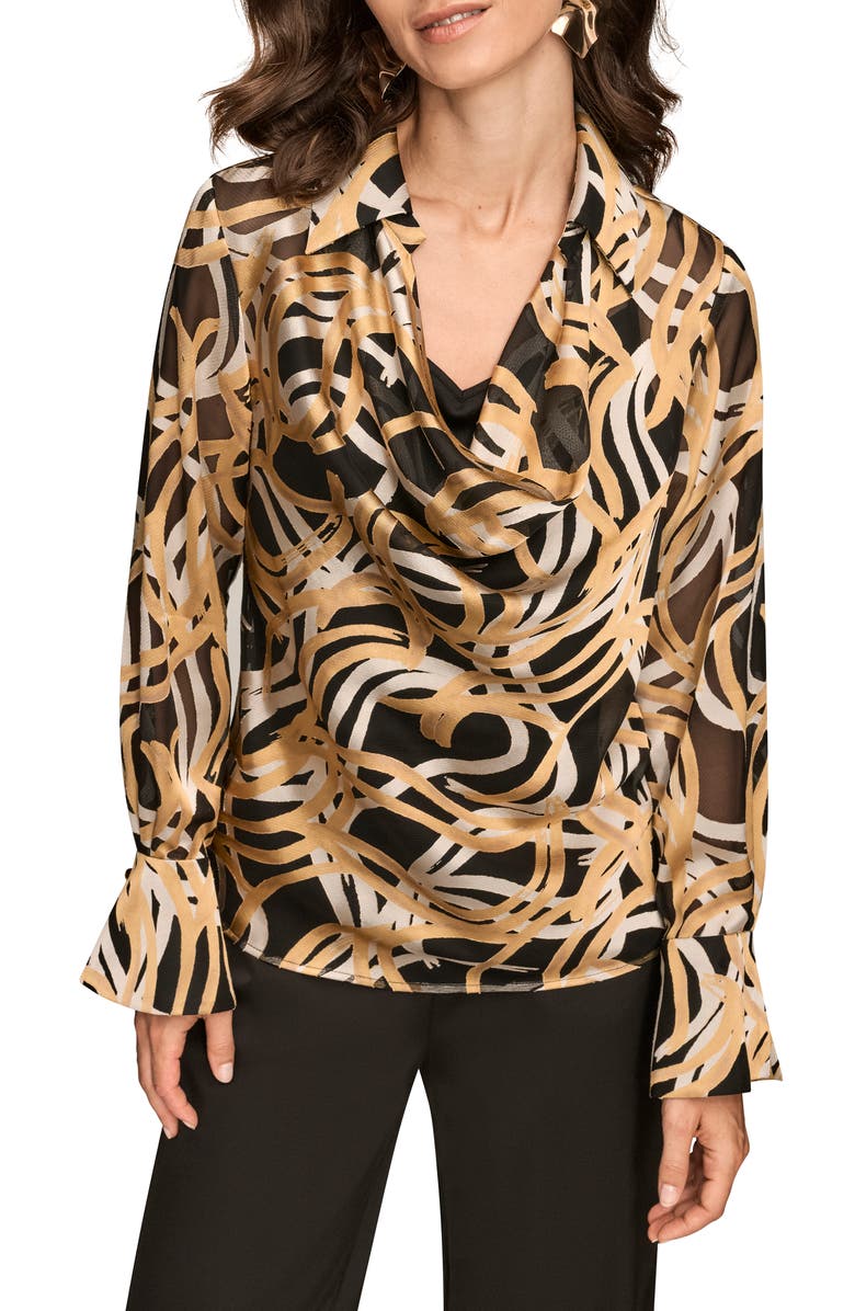 Donna Karan New York Burnout Print Cowl Neck Top, Main, color, Black/ Gold