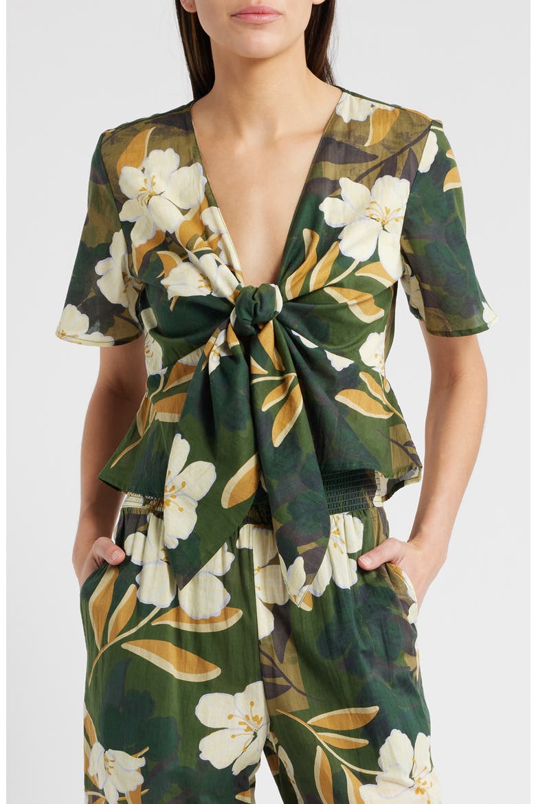 Tia Floral Tie Front Cotton Top, Main, color, PLUMERIAS