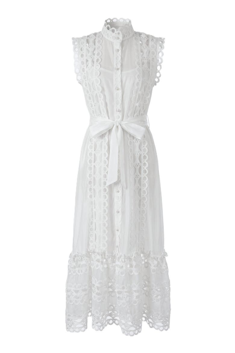 Sleeveless High Neck Lace Overlay Dress, Alternate, color, White