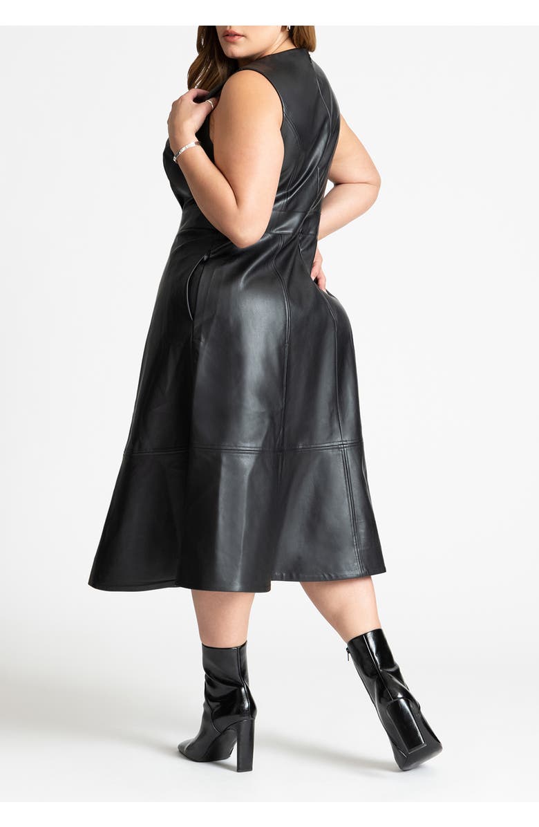 ELOQUII Faux Leather Knot Detail Flare Dress, Alternate, color, Black Onyx