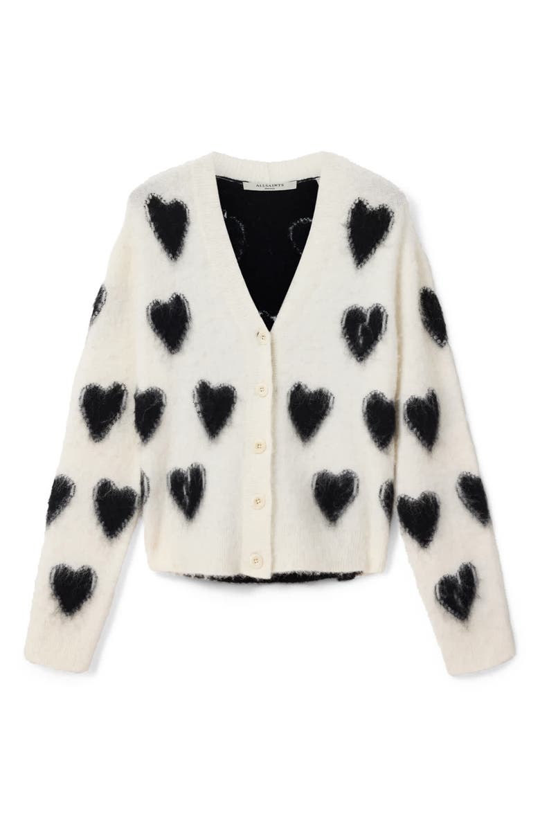 AllSaints Scatter Heart Alpaca & Merino Wool Blend Cardigan, Alternate, color, Chalk White/ Black