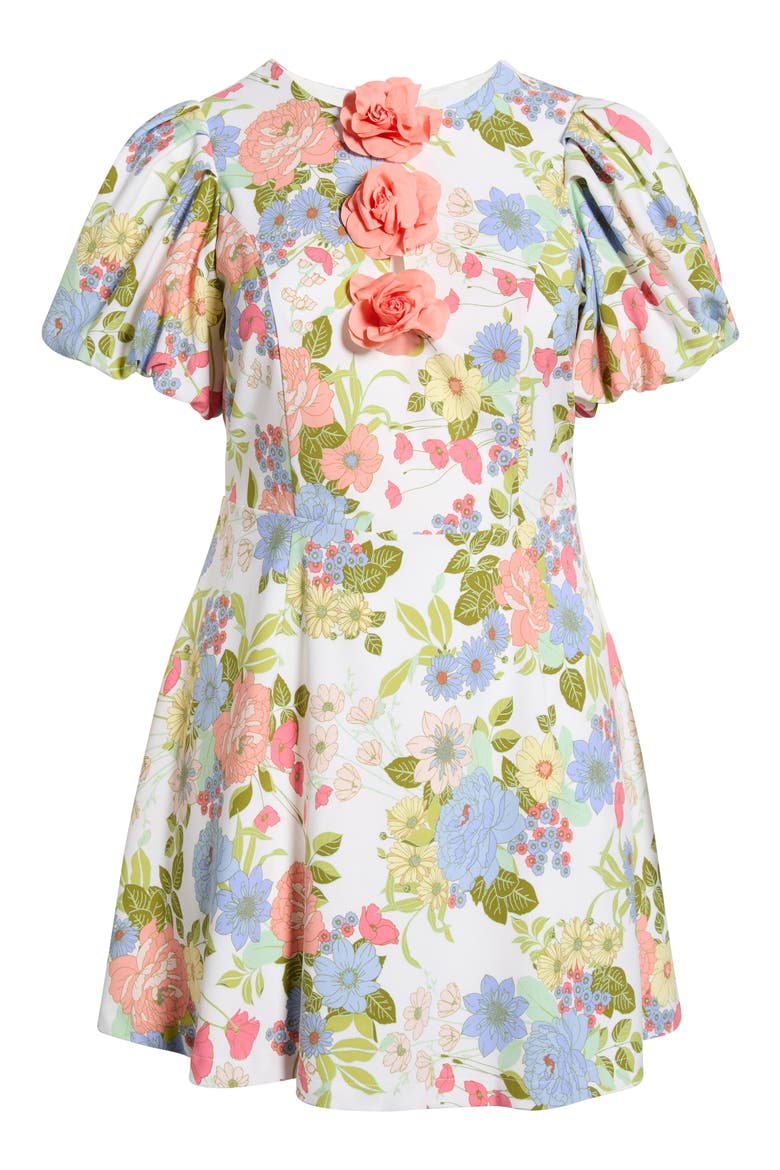 Floral Rosette Puff Sleeve Minidress, Alternate, color, CREAM-MULTI