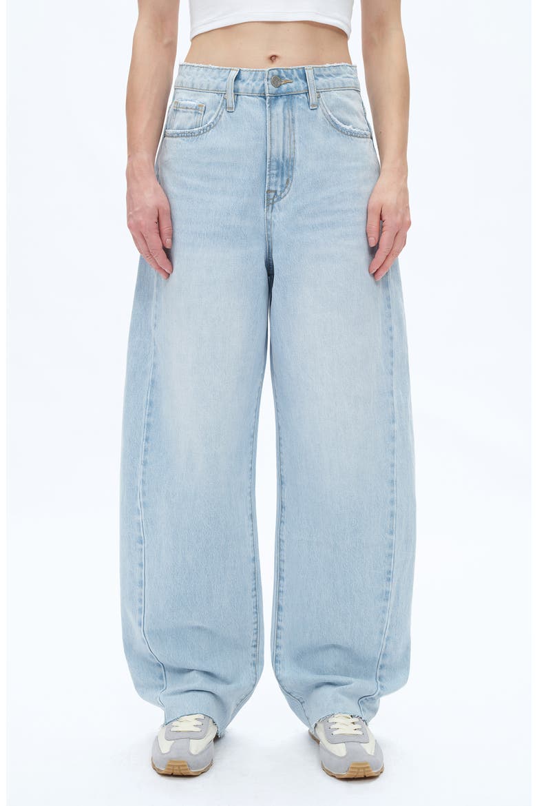 Raw Hem Super High Waist Barrel Jeans, Main, color, LIGHT BLUE