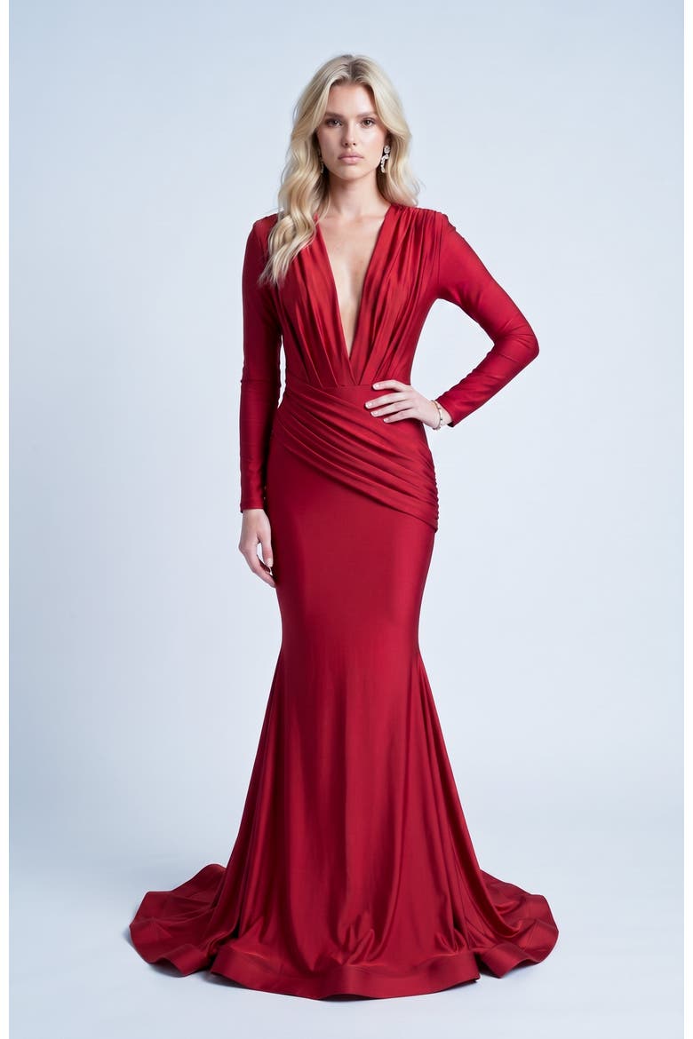 Long Sleeve Plunge V-Neck Ruched Mermaid Gown, Alternate, color, Red