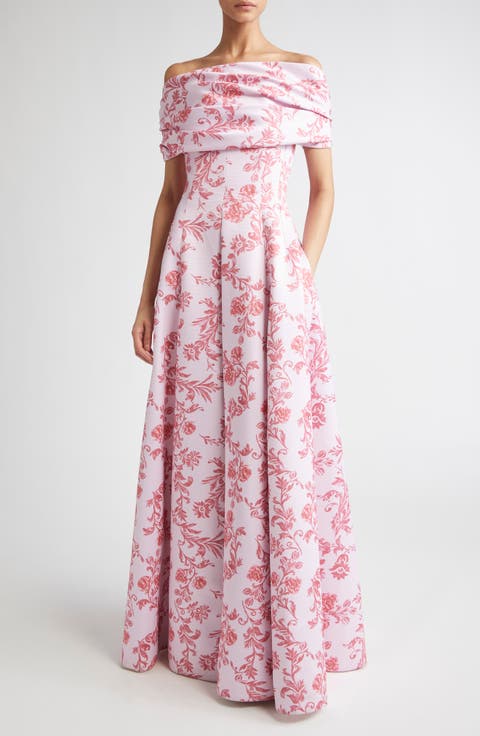Auclair Off the Shoulder Damask Taffeta Faille Gown