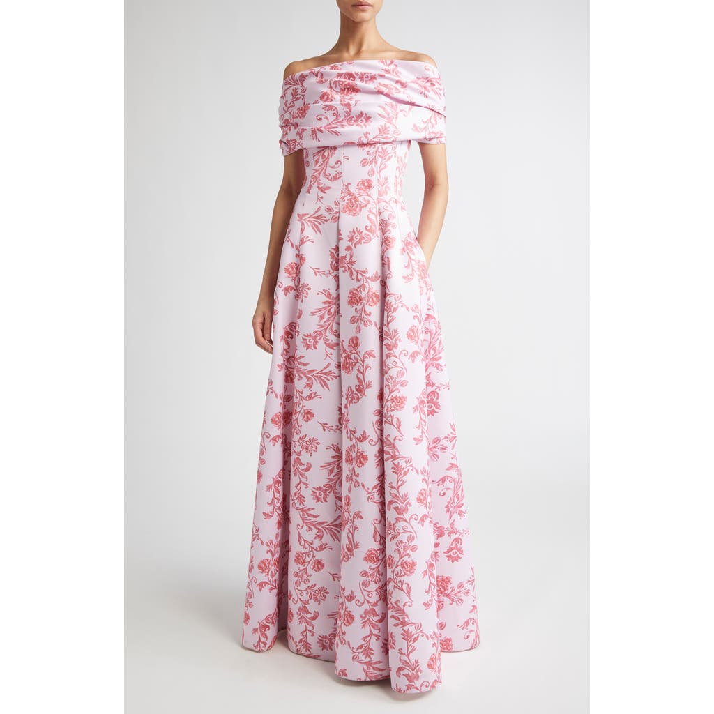 Emilia Wickstead Auclair Off The Shoulder Damask Taffeta Faille Gown In Pink