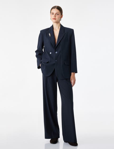 Long Sleeve Double-Breasted Pinstripe Blazer