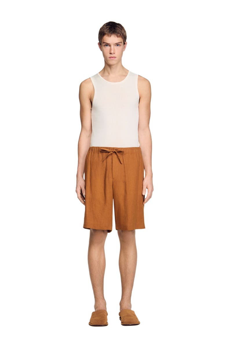 SANDRO Elastic waist linen shorts, Main, color, Whisky