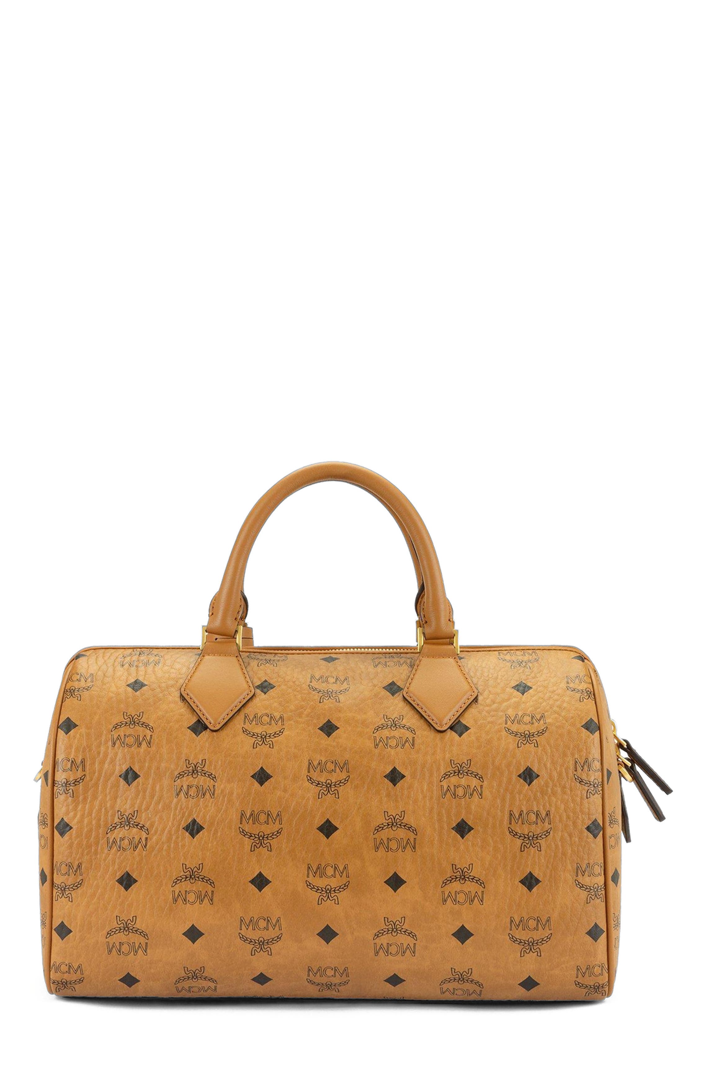 MCM Medium Ella Boston Bag in Visetos, Alternate, color, Cognac