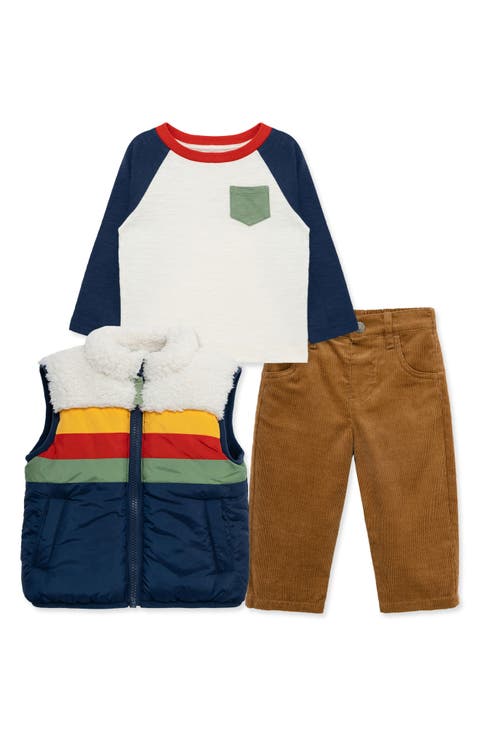 Colorblock Puffer Vest, T-Shirt 
Corduroy Pants Set (Baby)