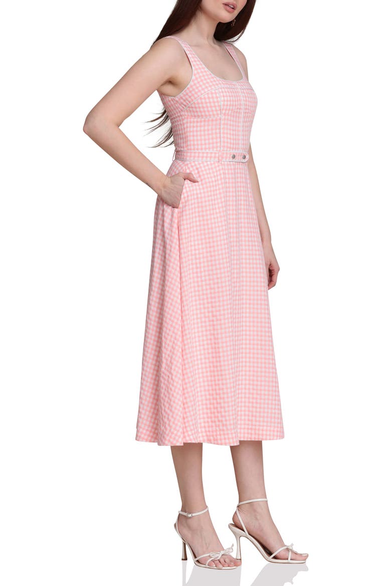 Bustier Bodice Gingham Midi Dress, Alternate, color, PINK - WHITE GINGHAM