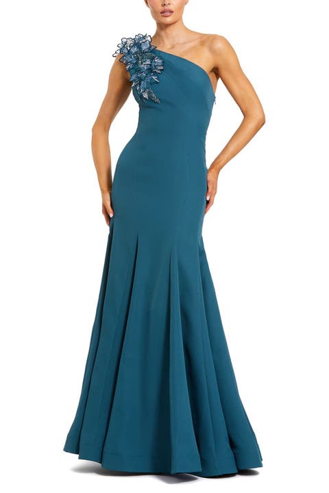 Crepe One Shoulder Evening Gown With 3D Flower Details