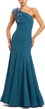 Mac Duggal Crepe One Shoulder Evening Gown With 3D Flower Details