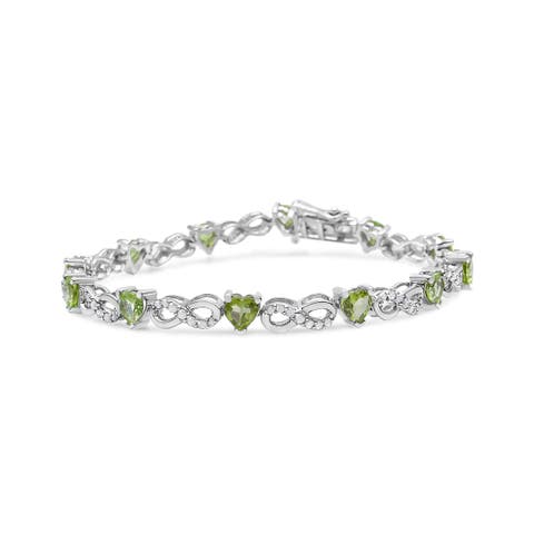 Silver 1.00 Ctw Diamond and Created Green Heart Peridot Infinity Link Bracelet