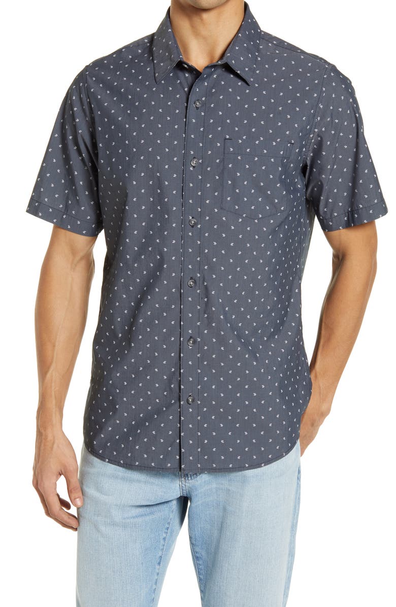 TravisMathew Not Your Best Short Sleeve Button-Up Shirt, Main, color, Heather Black