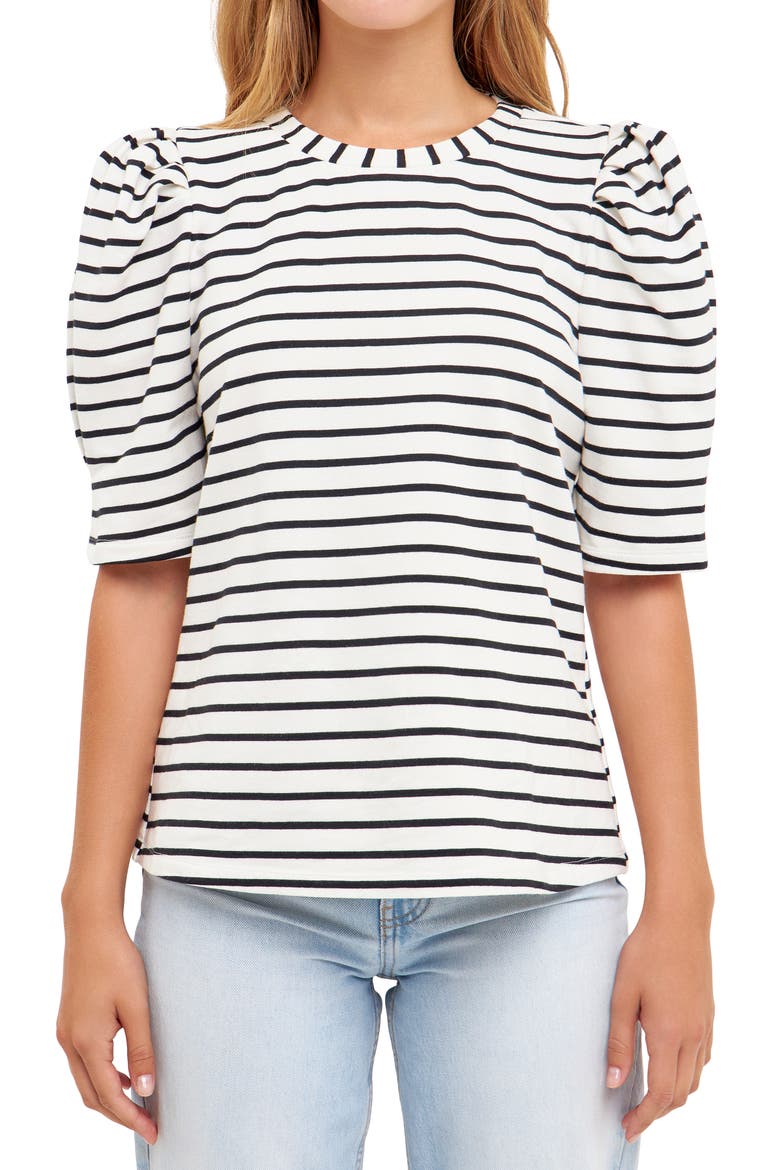 Stripe Puff Sleeve Top, Main, color, WHITE/ BLACK