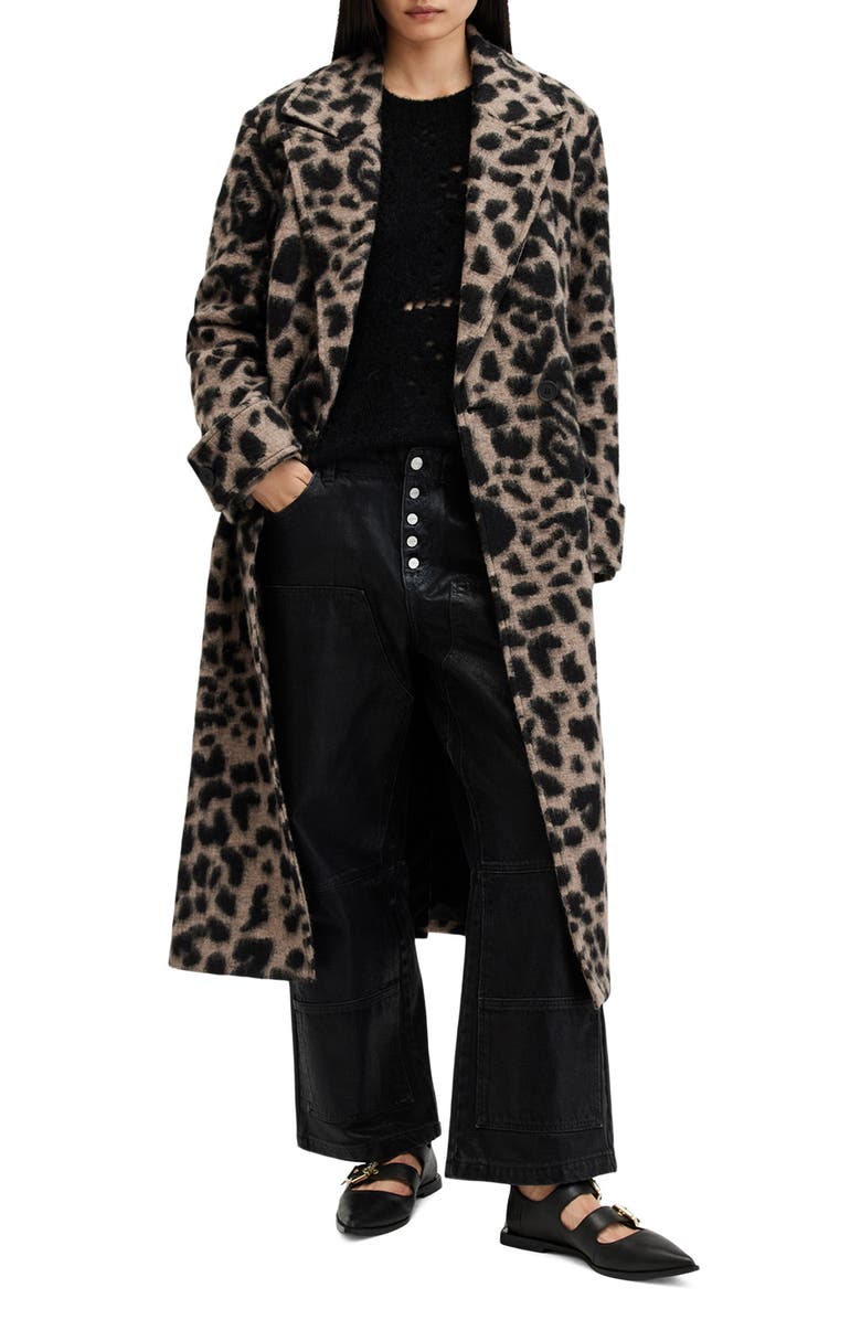 AllSaints Mabel Leopard Print Double Breasted Coat, Main, color, 