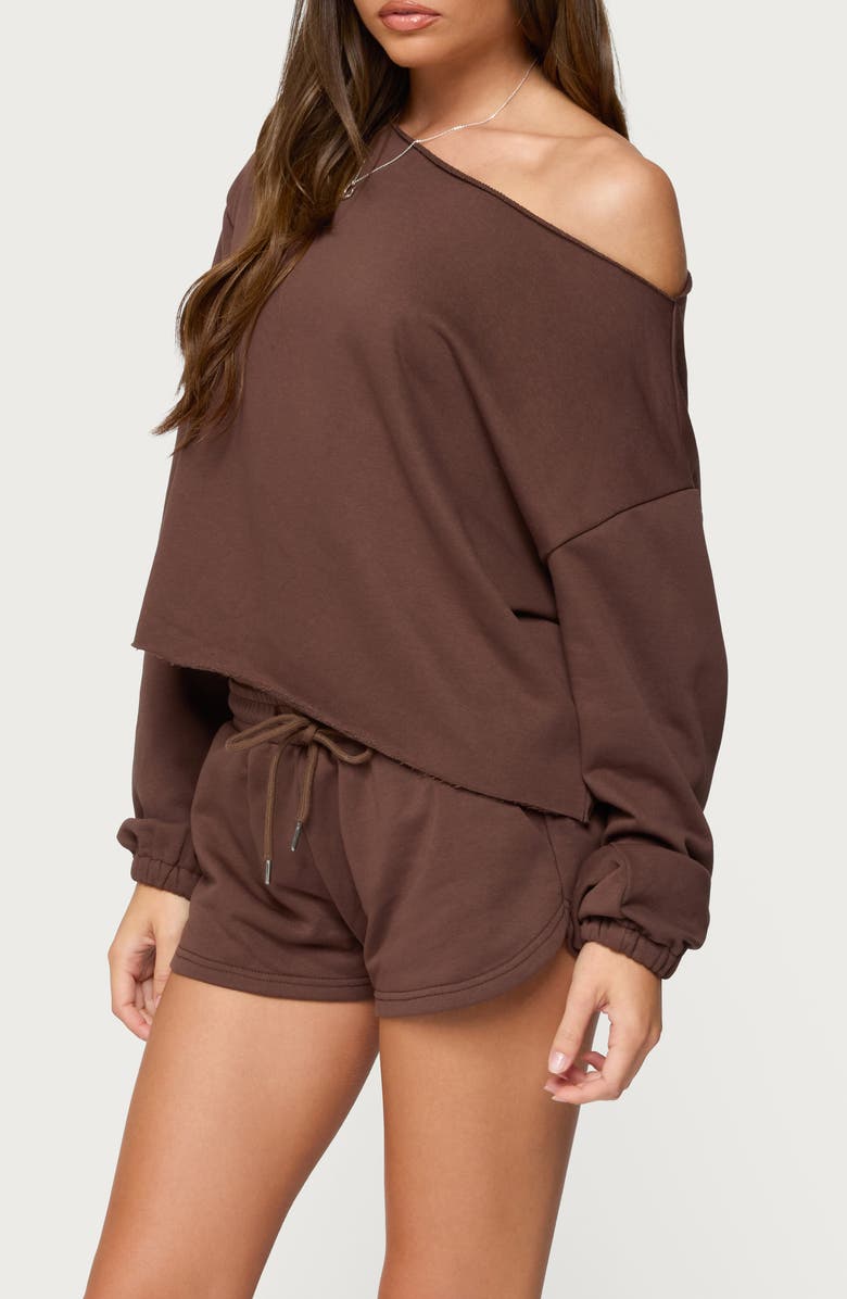 EDIKTED Kordelia One-Shoulder Sweatshirt, Alternate, color, Brown