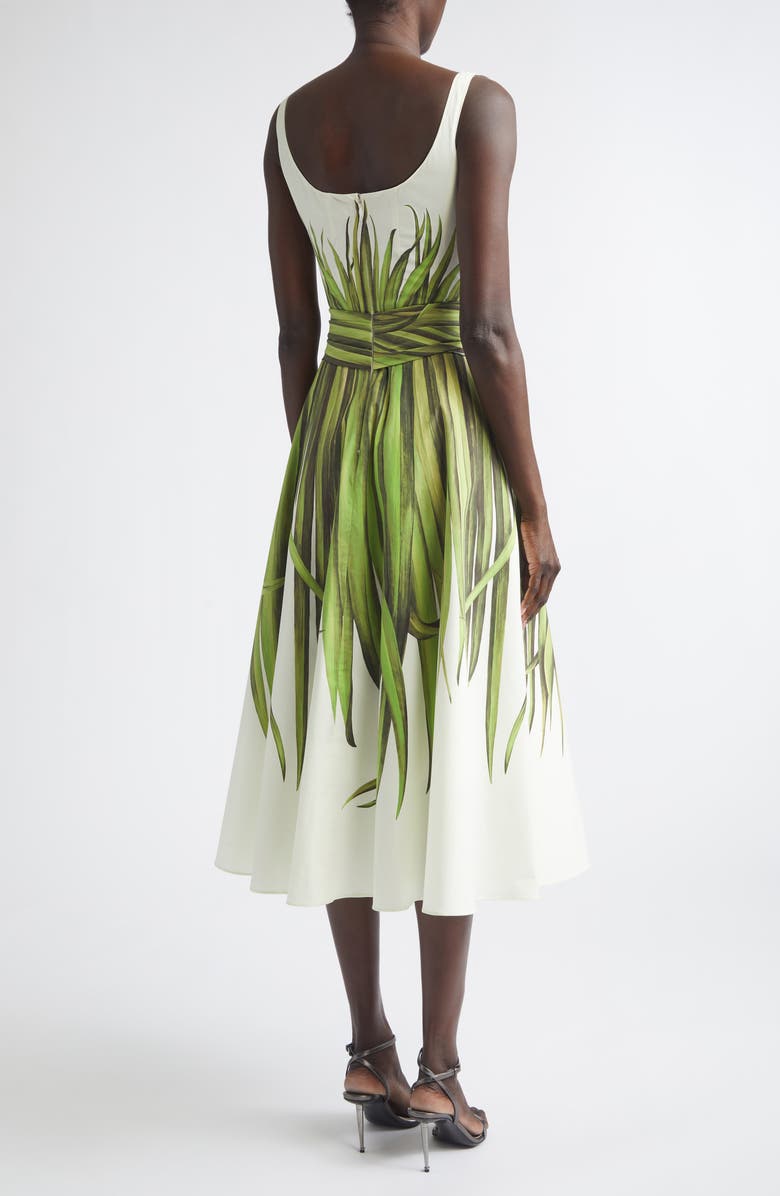Oscar de la Renta Palm Leaves Print Cotton Stretch Poplin Midi Dress, Alternate, color, Green/ Ecru