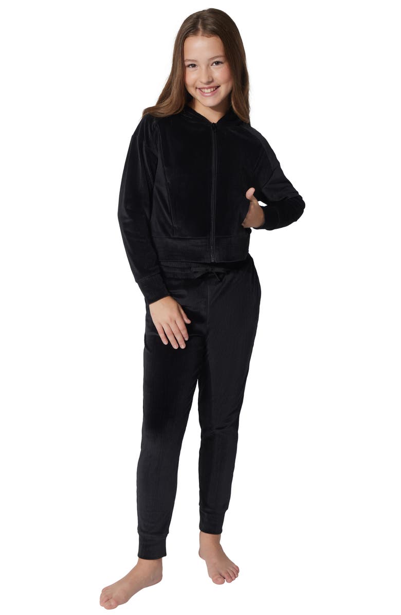 90 DEGREE BY REFLEX Kids' Rib Velour Castle Zip Hoodie & Joggers Set, Alternate, color, Black
