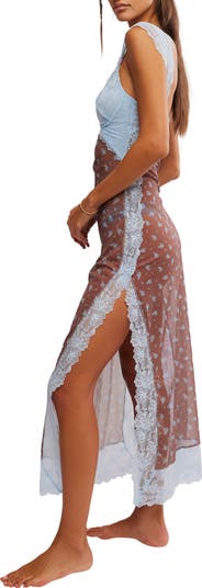 Suddenly Fine Floral Print Cutout Lace Trim Nightgown