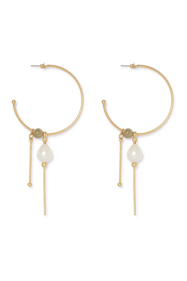 Charm Hoop Freshwater Pearl Earrings, Alternate, color, 12K SOFT POL GLD/LAB/IVRY PRL