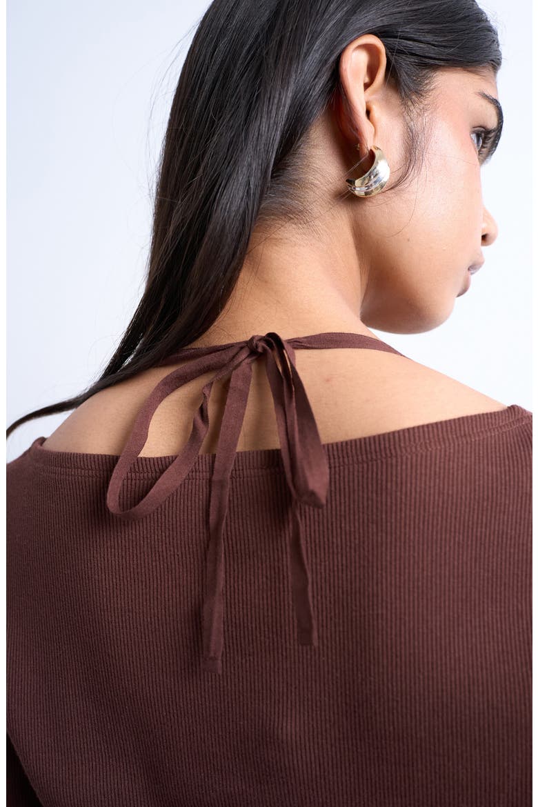 Tie Neck Rib Scoop Neck Top, Alternate, color, BROWN