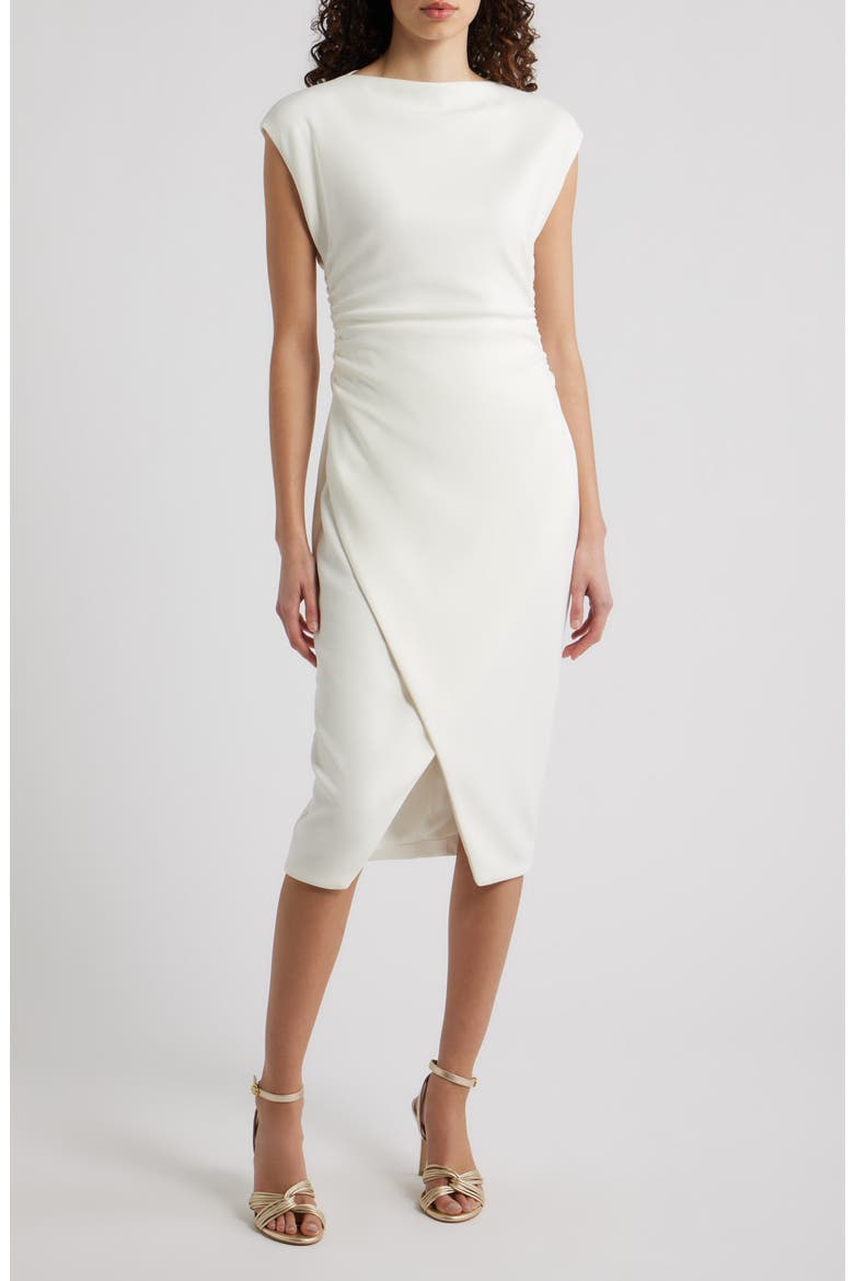 Cap Sleeve Ruched Scuba Crepe Midi Dress, Main, color, IVORY