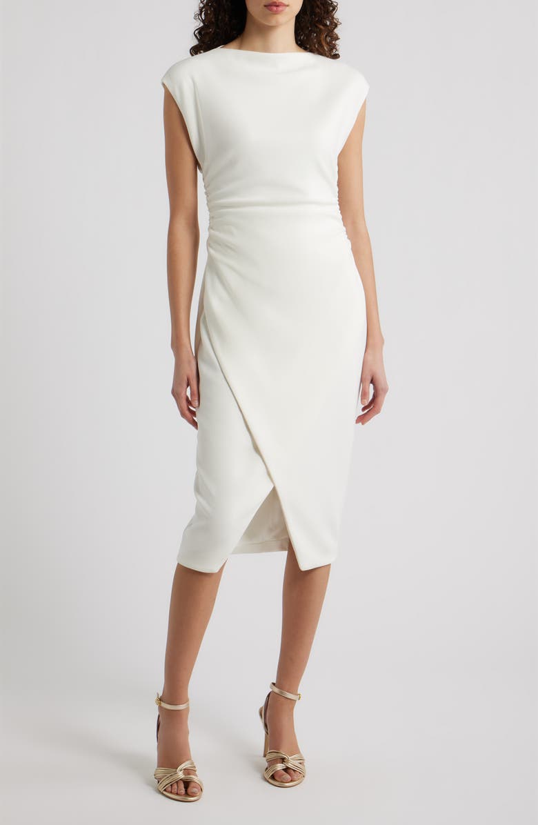Vince Camuto Cap Sleeve Ruched Scuba Crepe Midi Dress, Main, color, Ivory