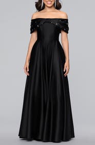 Blondie Nites Rhinestone Off the Shoulder Satin Ballgown