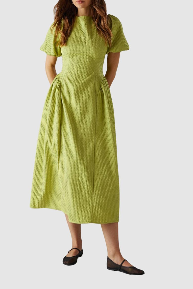 Seersucker Puff Sleeve Midi Dress, Alternate, color, Chartreuse