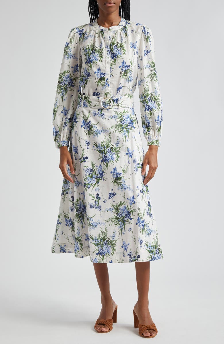 Veronica Beard Arwen Floral Belted Cotton Midi Skirt, Alternate, color, Off White Multi
