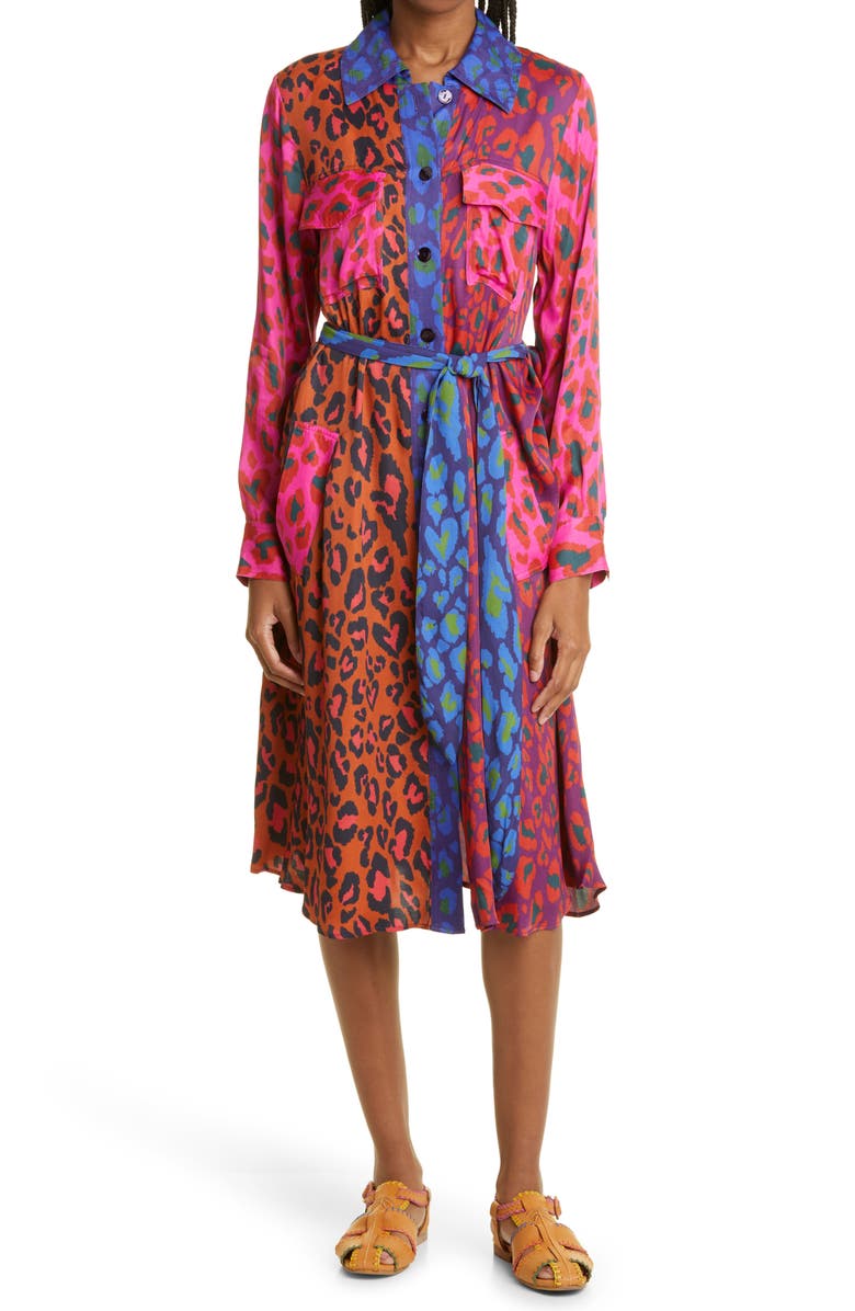 FARM Rio Leopard Mix Print Long Sleeve Shirtdress, Main, color, 