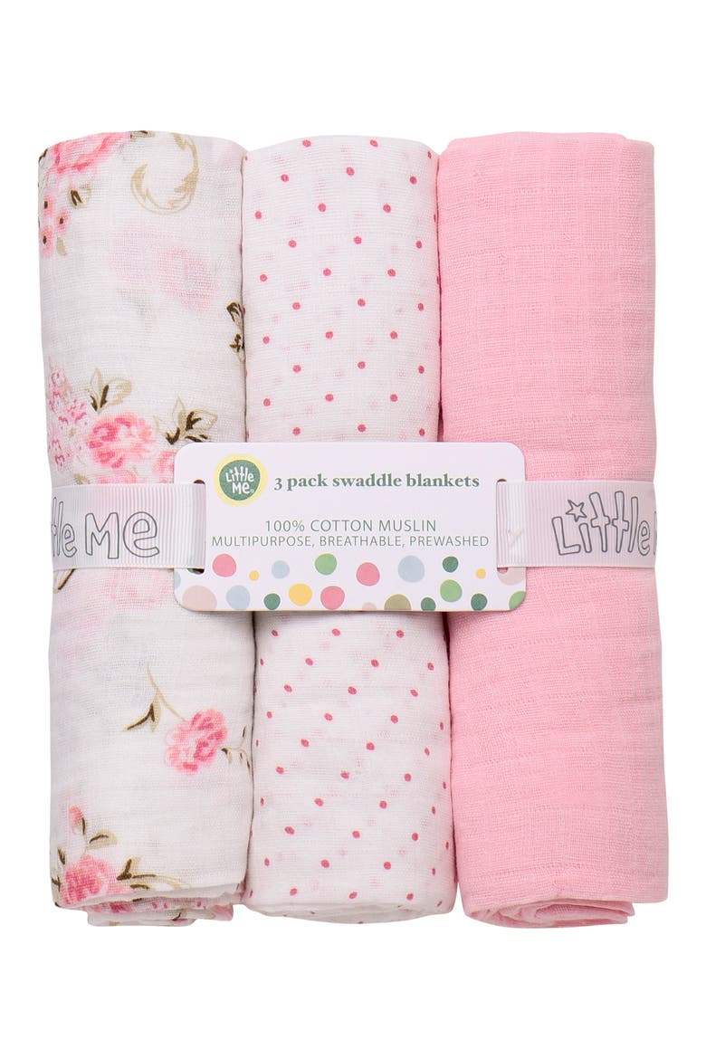 Floral 3-Pack Cotton Muslin Swaddle Blankets, Main, color, PINK