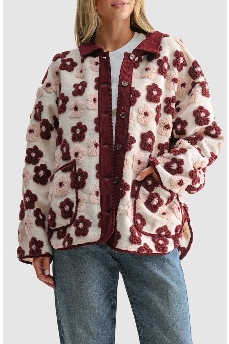 Floral High Pile Fleece Jacket, Main, color, CREAM BURGUNDY