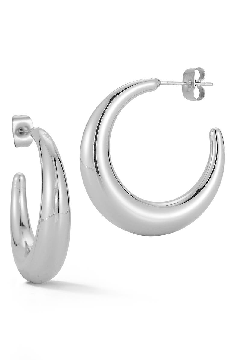 GLAZE JEWELRY Crescent Hoop Earrings, Main, color, Silver