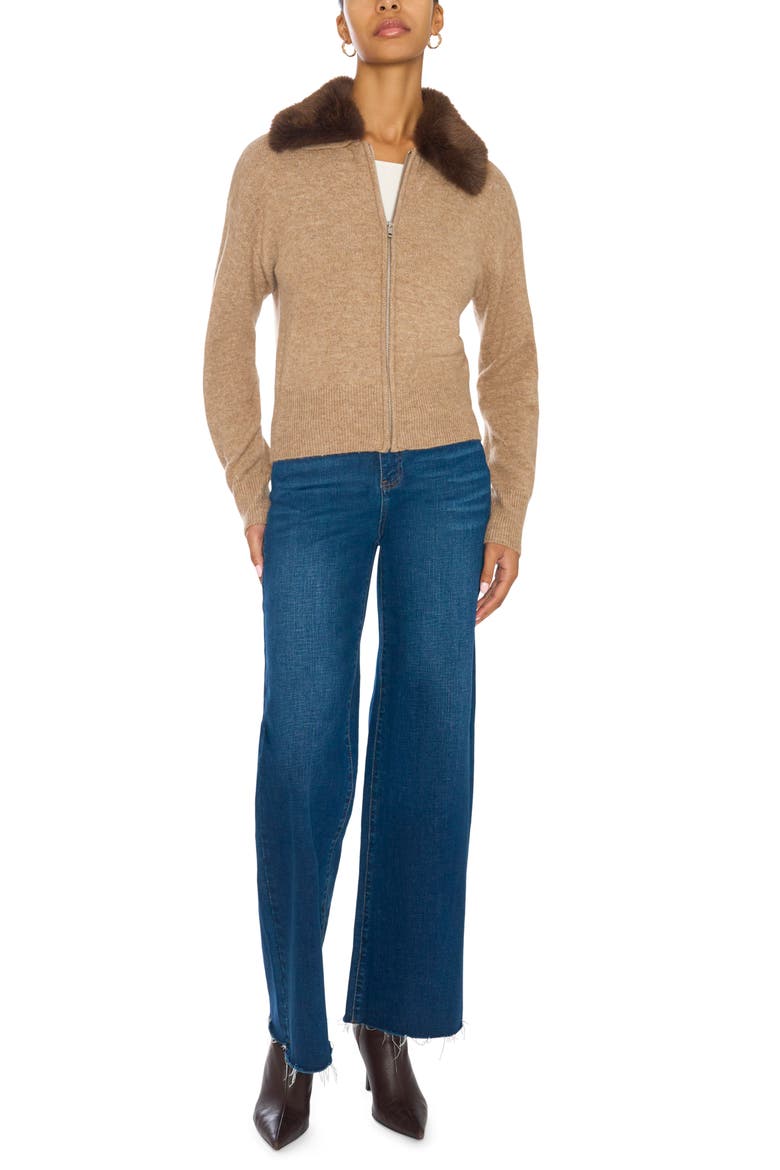 Faux Fur Collar Front Zip Cardigan, Alternate, color, TAUPE
