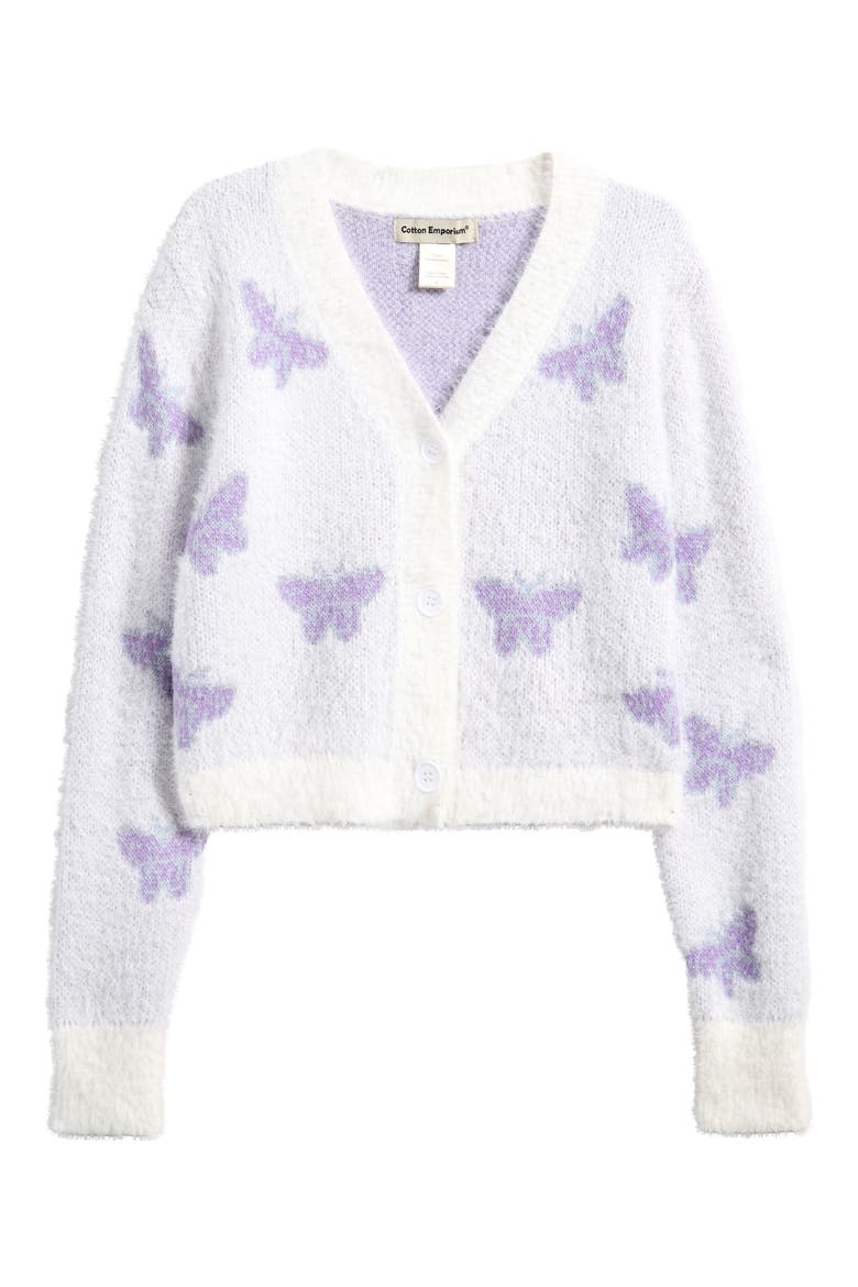 Kids' Butterfly Jacquard Cardigan, Main, color, IVORY PURPLE BUTTERFLY